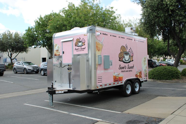 Front left exterior of the custom 16ft coffee food trailer built for Sam's Sweet Treats and Coffee.