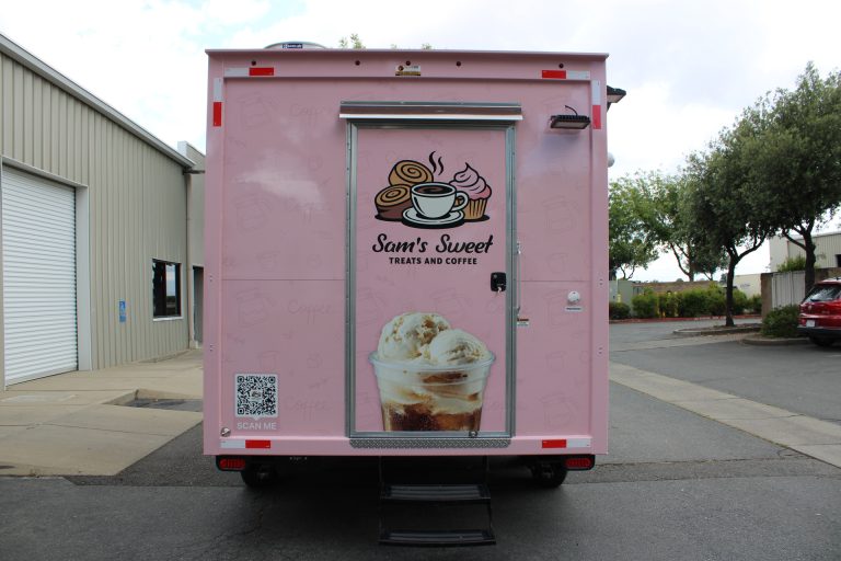 Rear exterior of the custom 16ft coffee food trailer built for Sam's Sweet Treats and Coffee.