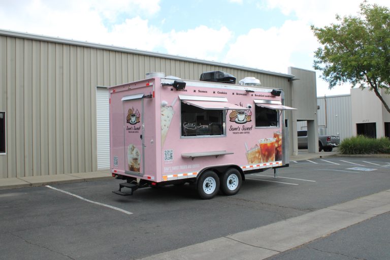 Custom 16ft coffee food trailer built for Sam's Sweet Treats and Coffee by Golden State Trailers.