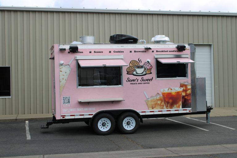 Service side of the custom 16ft coffee food trailer for Sam's Sweet Treats and Coffee.