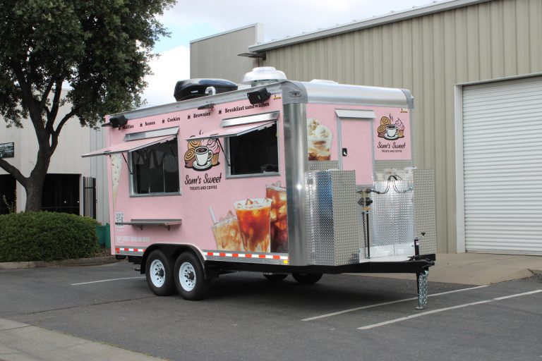 Front right exterior of the custom 16ft coffee food trailer built for Sam's Sweet Treats and Coffee.