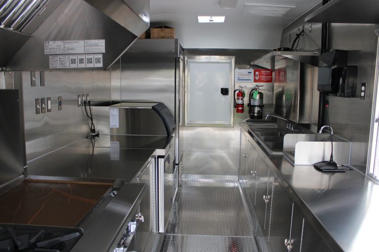 Commercial kitchen inside the custom 16ft coffee food trailer built by Golden State Trailers.