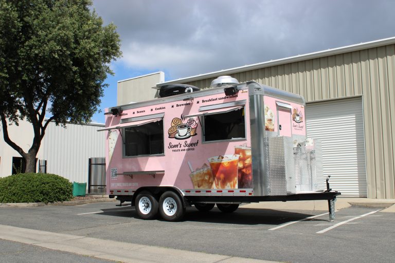 Custom 16ft coffee food trailer exterior built for Sam's Sweet Treats and Coffee.