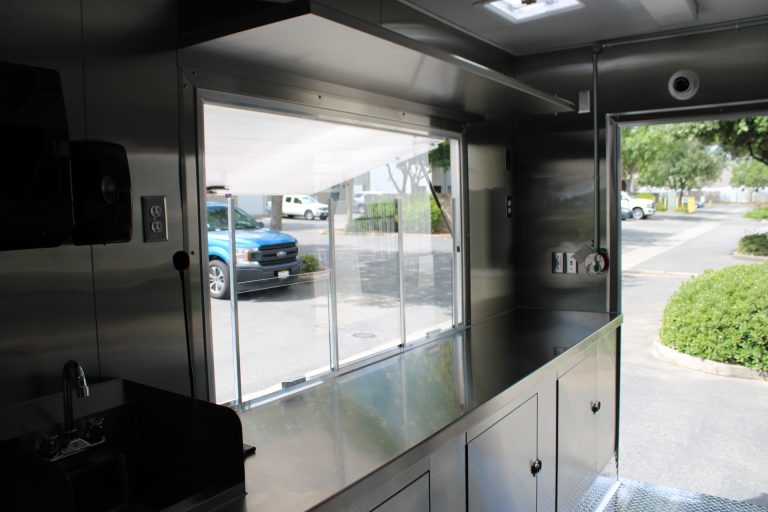Interior serving window of the custom 16ft coffee food trailer built by Golden State Trailers.