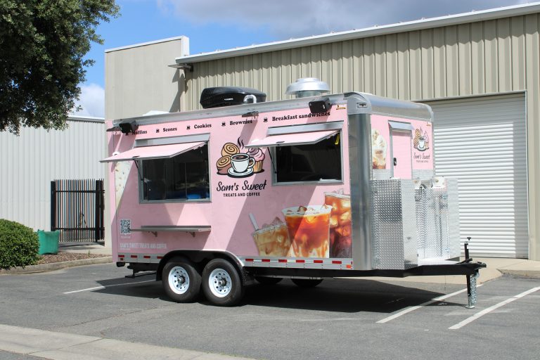 Custom 16ft coffee food trailer built for Sam's Sweet Treats and Coffee by Golden State Trailers.