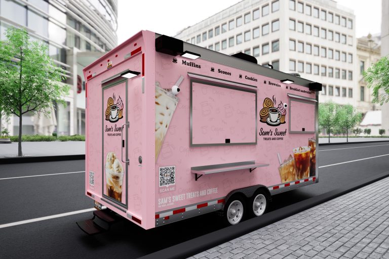 Custom 16ft coffee food trailer rear left exterior built for Sam's Sweet Treats and Coffee by Golden State Trailers.