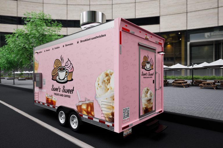 Left rear exterior of the custom 16ft coffee food trailer for Sam's Sweet Treats and Coffee by Golden State Trailers.