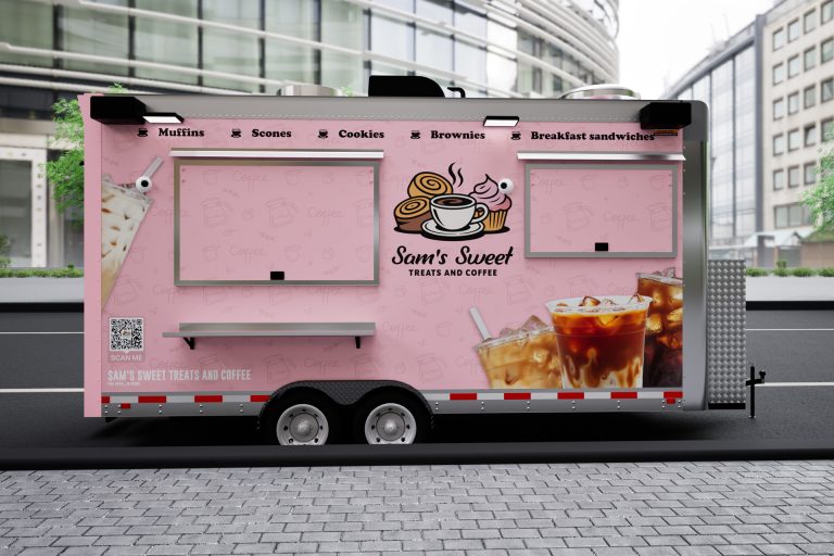 Service side of the custom 16ft coffee food trailer built for Sam's Sweet Treats and Coffee by Golden State Trailers.