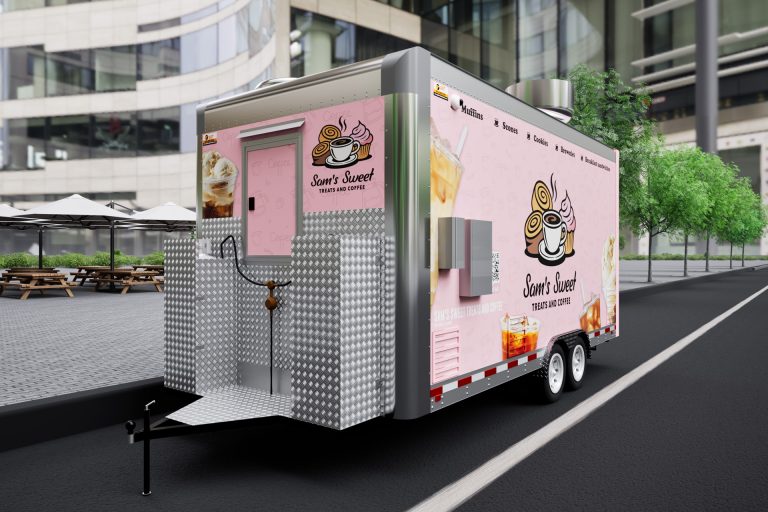 Front left exterior of the custom 16ft coffee food trailer built for Sam's Sweet Treats and Coffee.