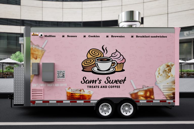 Left exterior of the custom 16ft coffee food trailer for Sam's Sweet Treats and Coffee by Golden State Trailers.