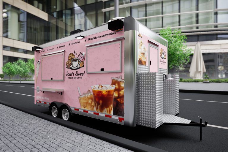 Rear right exterior of the custom 16ft coffee food trailer built for Sam's Sweet Treats and Coffee.