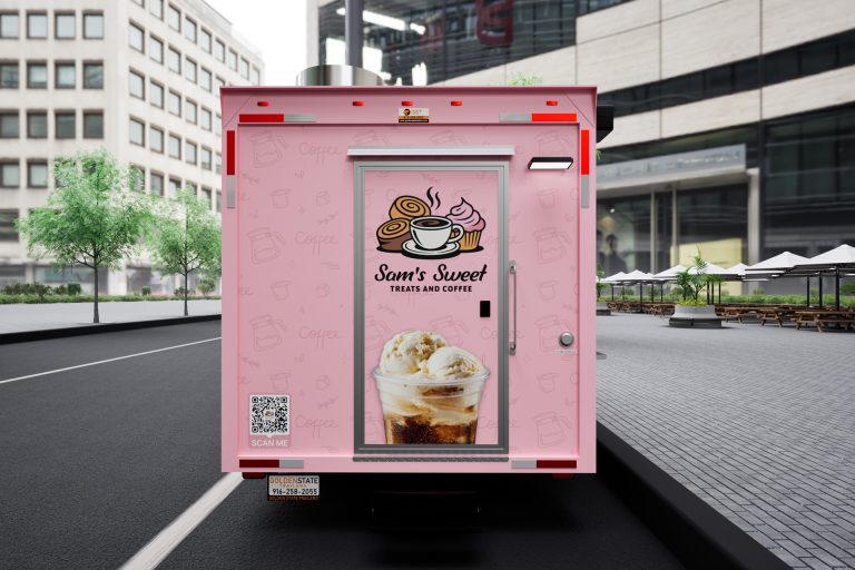 Rear exterior of the custom 16ft coffee food trailer for Sam's Sweet Treats and Coffee by Golden State Trailers.