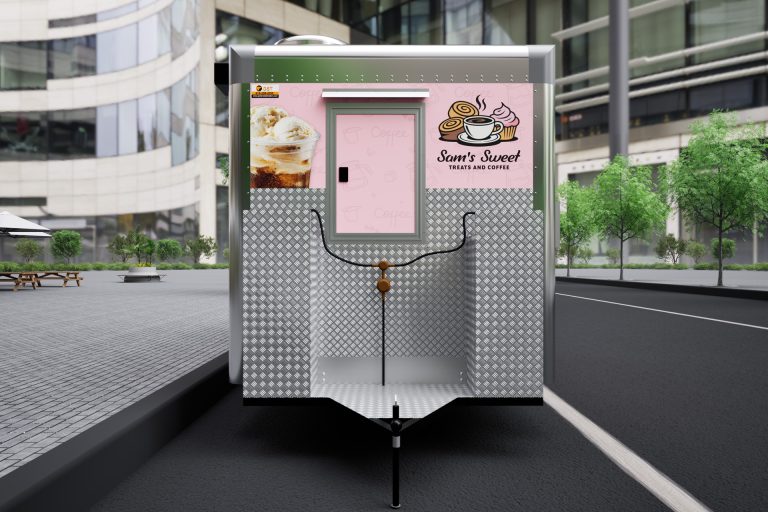 Front exterior of the custom 16ft coffee food trailer built for Sam's Sweet Treats and Coffee by Golden State Trailers.