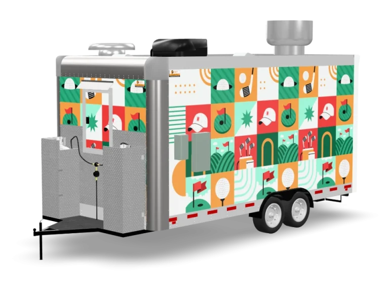 Golf Course Food Trailer with custom wrap, rear view, Golden State Trailers