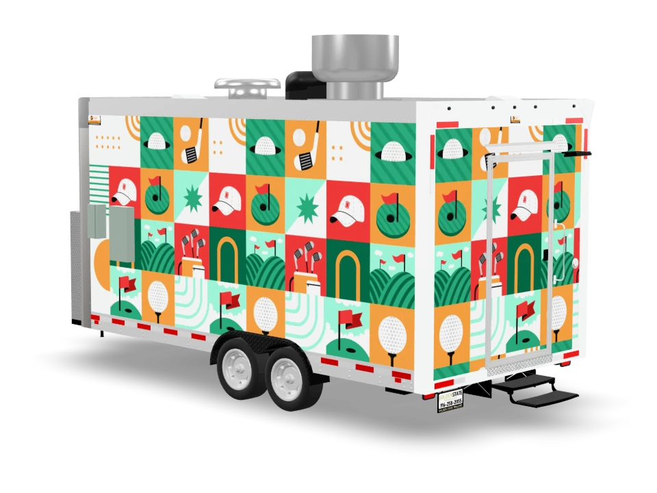 Golf Course Food Trailer with custom wrap, front view, Golden State Trailers
