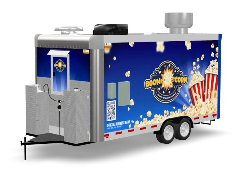 Gourmet Popcorn Food Trailer with custom wrap, rear view, Golden State Trailers