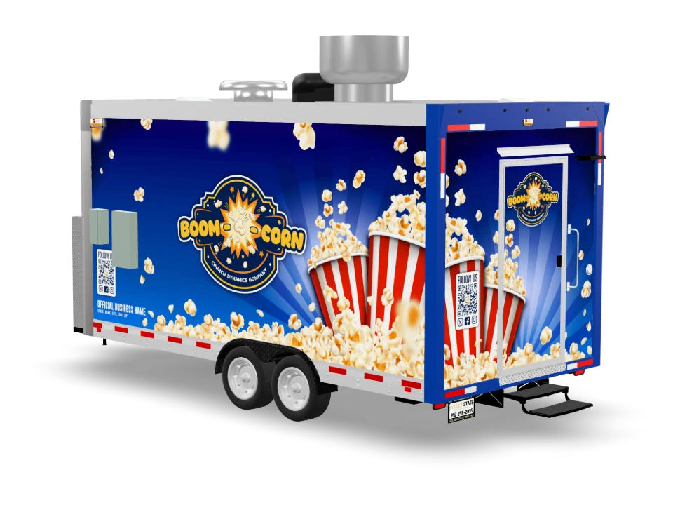 Gourmet Popcorn Food Trailer with custom wrap, front view, Golden State Trailers
