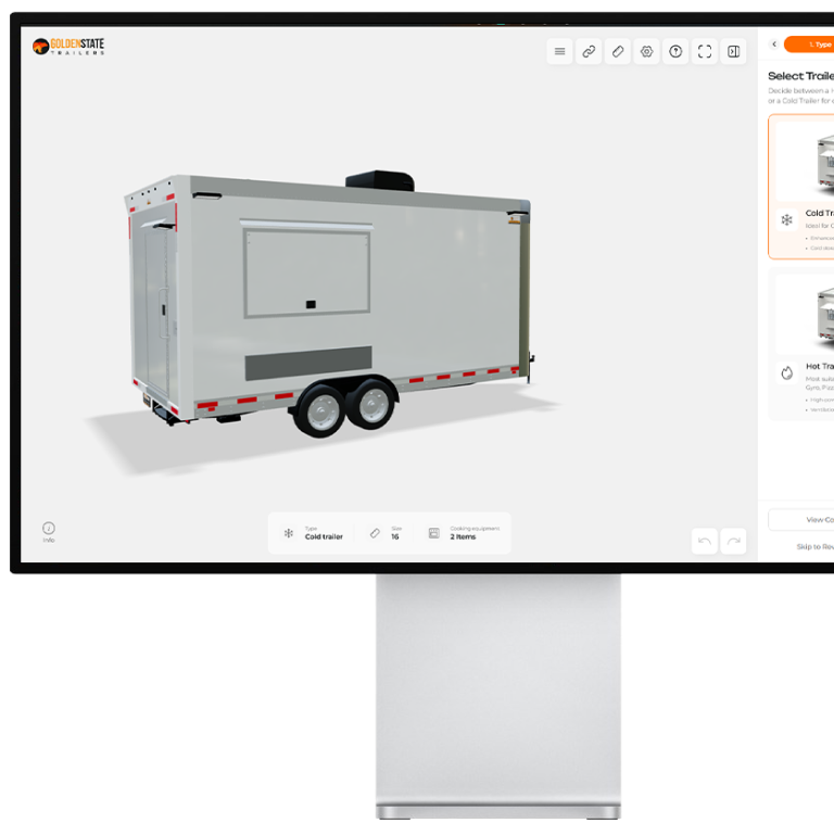 3D food trailer builder on a desktop monitor