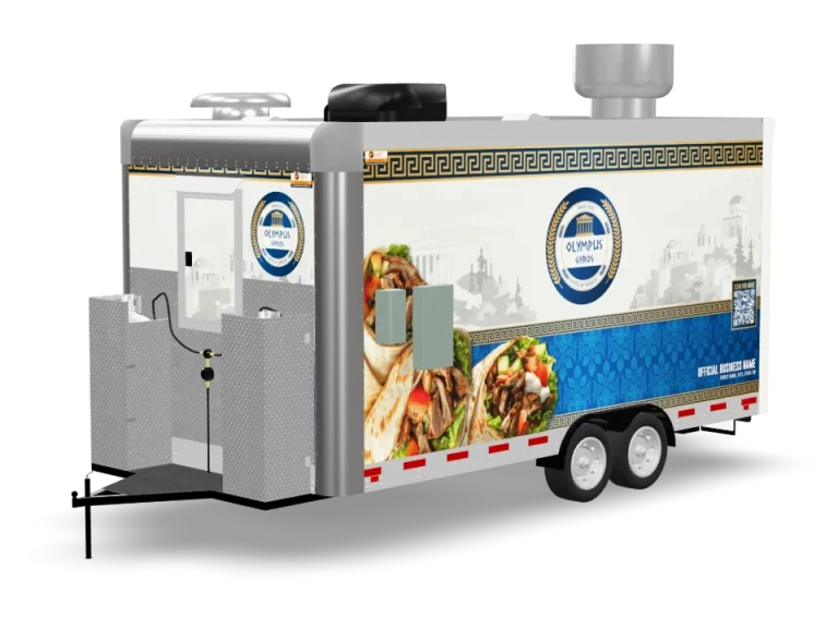 Gyro Food Trailer with custom wrap, rear view, Golden State Trailers