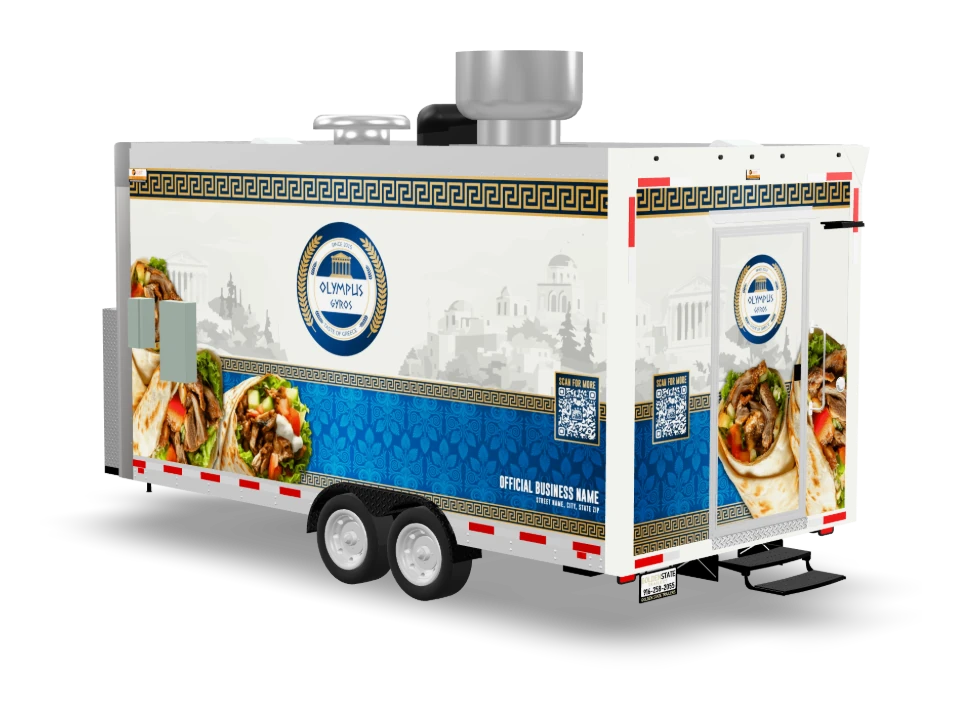 Gyro Food Trailer with custom wrap, front view, Golden State Trailers