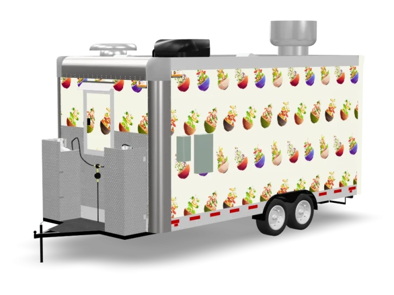 Healthy Bowl Food Trailer with custom wrap, rear view, Golden State Trailers