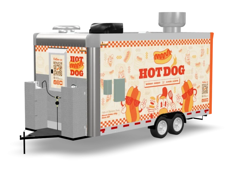 Hot Dog Sausage Food Trailer with custom wrap, rear view, Golden State Trailers