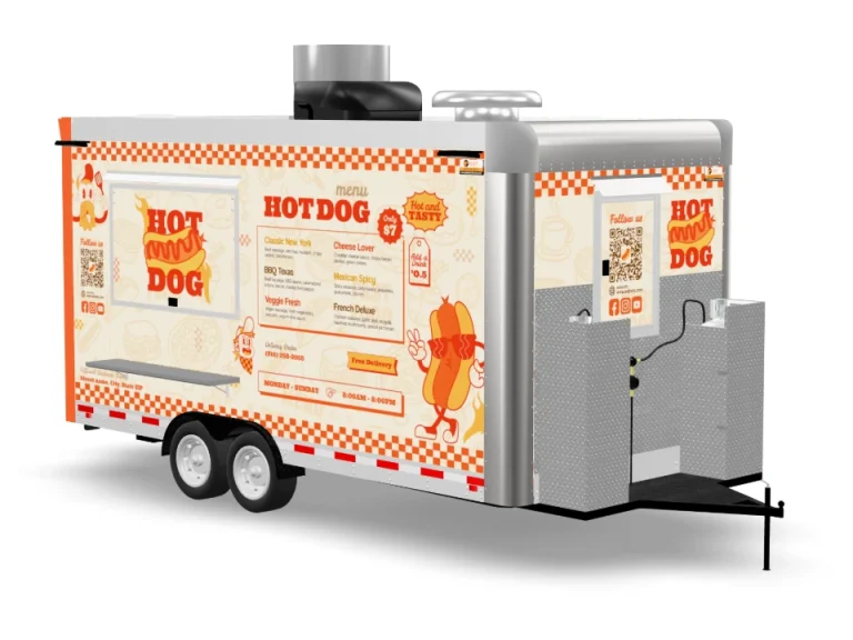 Hot Dog Sausage Food Trailer with custom wrap on white background