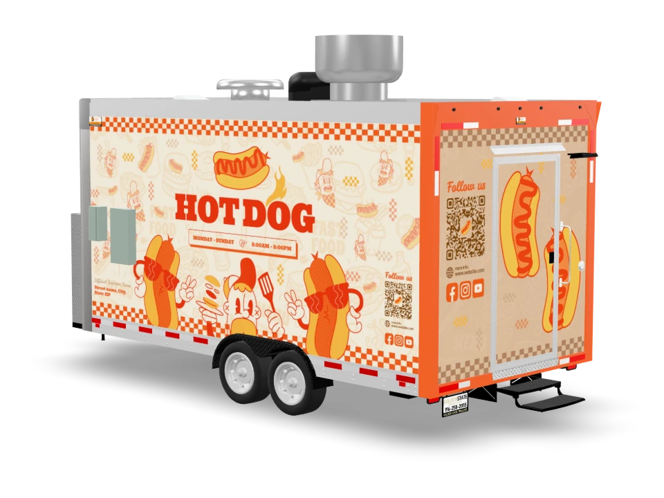 Hot Dog Sausage Food Trailer with custom wrap, front view, Golden State Trailers