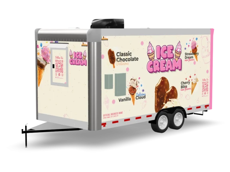 Ice Cream Food Trailer with custom wrap, rear view, Golden State Trailers