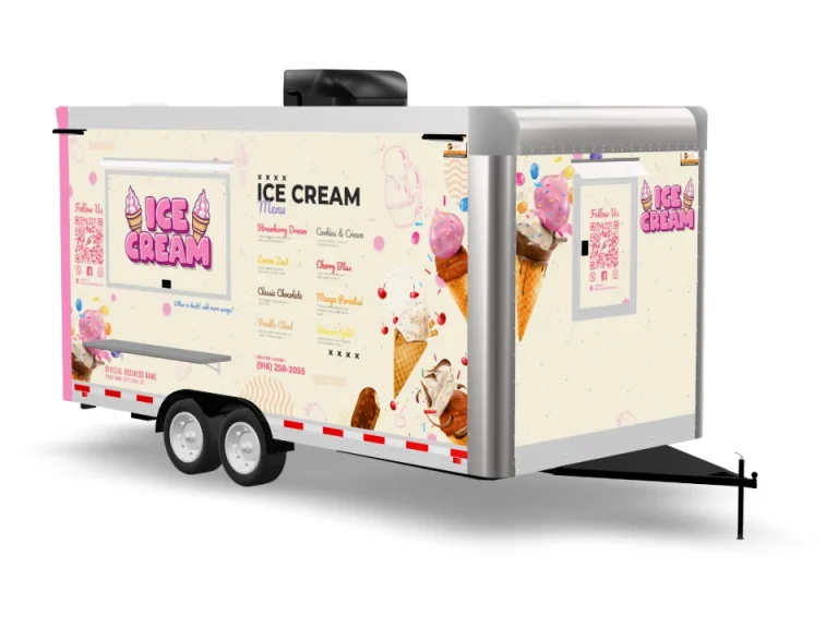 Ice Cream Food Trailer with custom wrap on white background