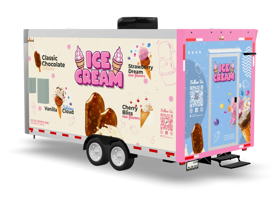 Ice Cream Food Trailer with custom wrap, front view, Golden State Trailers