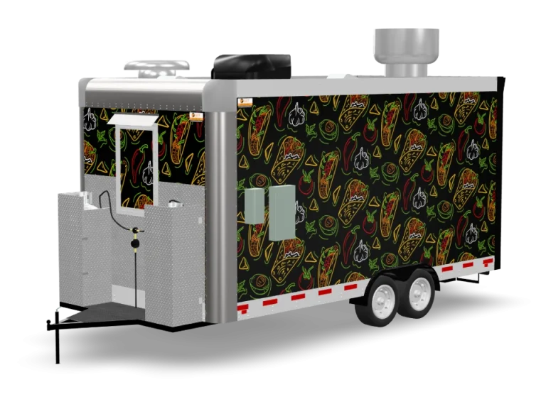 Kebab Food Trailer with custom wrap, rear view, Golden State Trailers