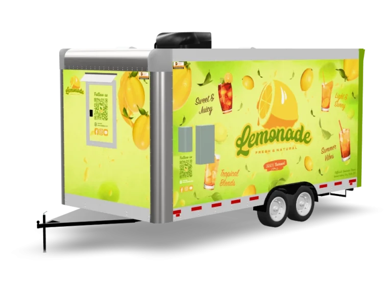 Lemonade Food Trailer with custom wrap, rear view, Golden State Trailers