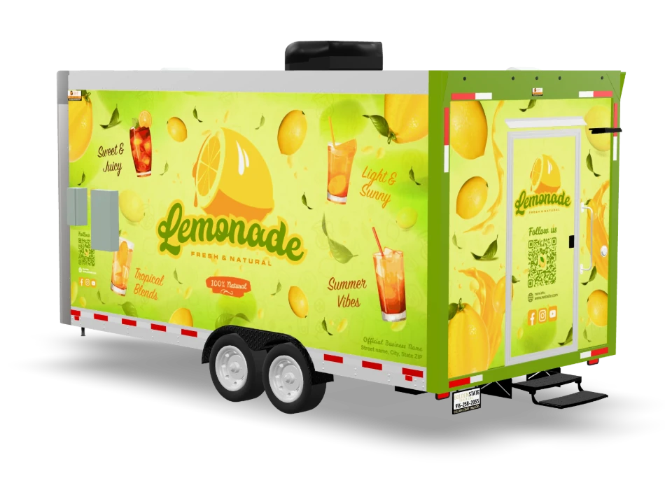 Lemonade Food Trailer with custom wrap, front view, Golden State Trailers