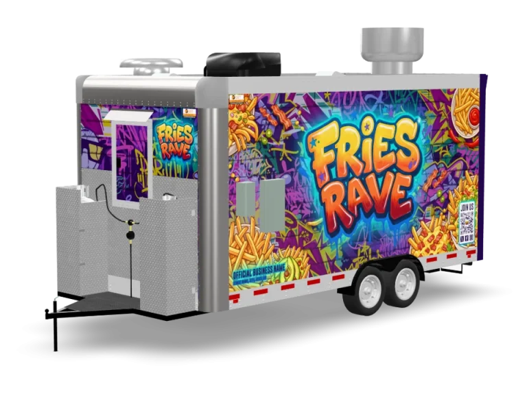 Loaded Fries Food Trailer with custom wrap, rear view, Golden State Trailers