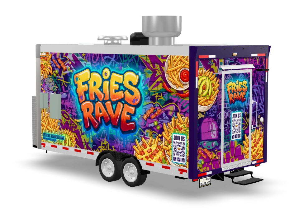 Loaded Fries Food Trailer with custom wrap, front view, Golden State Trailers
