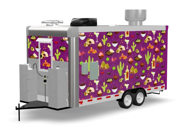 Mexican Latin Street Food with custom wrap, rear view, Golden State Trailers