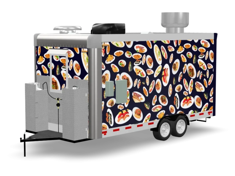 Meze Food Trailer with custom wrap, rear view, Golden State Trailers
