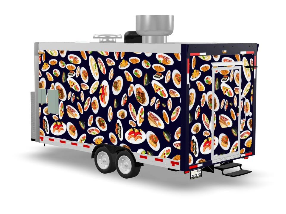 Meze Food Trailer with custom wrap, front view, Golden State Trailers