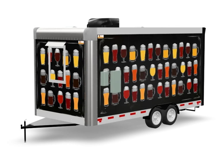 Mobile Pub Food Trailer with custom wrap, rear view, Golden State Trailers