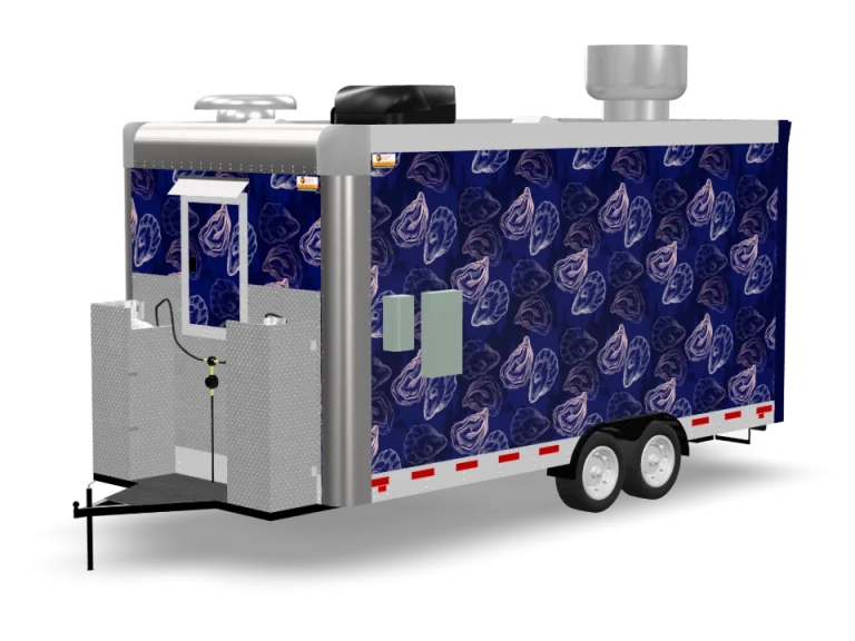 Mussels Fries Food Trailer with custom wrap, rear view, Golden State Trailers