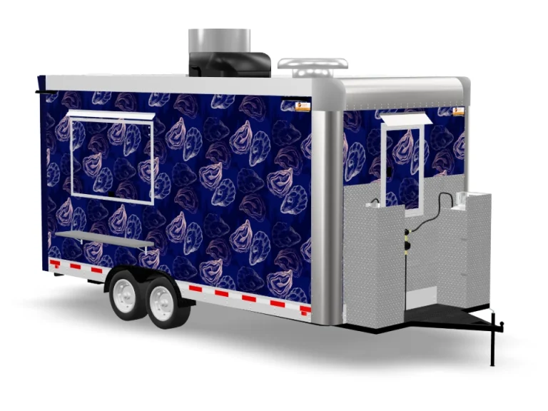 Mussels Fries Food Trailer with custom wrap on white background