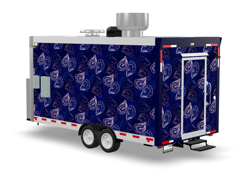 Mussels Fries Food Trailer with custom wrap, front view, Golden State Trailers