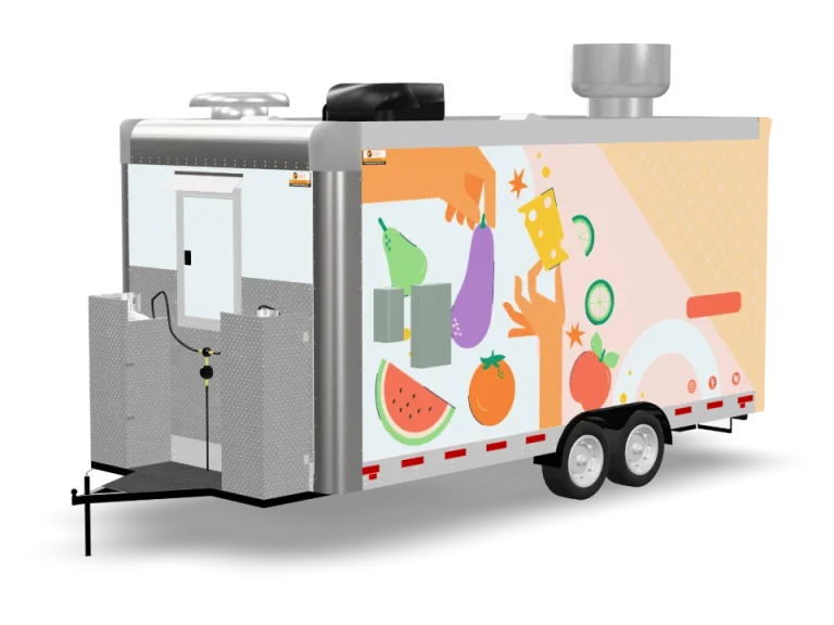 Nonprofit Food Trailer with custom wrap, rear view, Golden State Trailers