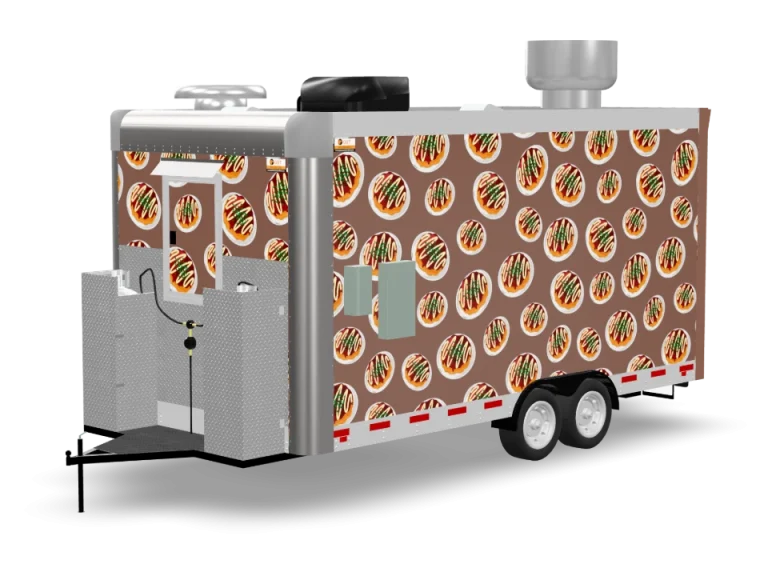 Okonomiyaki Food Trailer with custom wrap, rear view, Golden State Trailers