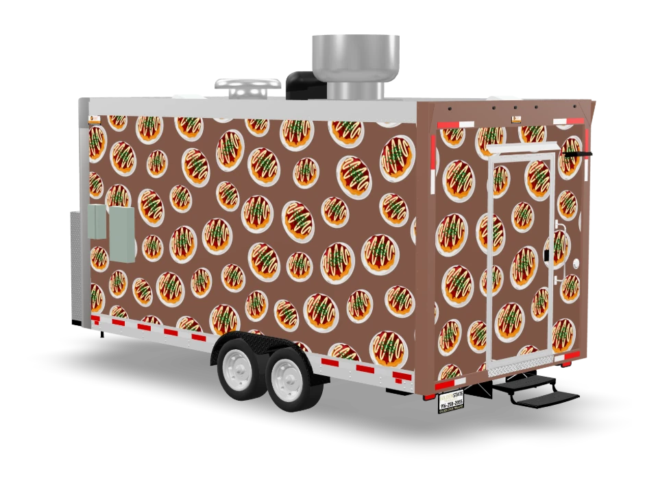 Okonomiyaki Food Trailer with custom wrap, front view, Golden State Trailers