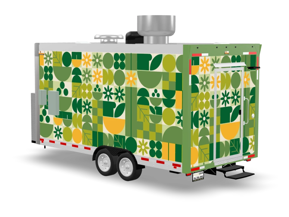 Organic Food Trailer with custom wrap, front view, Golden State Trailers