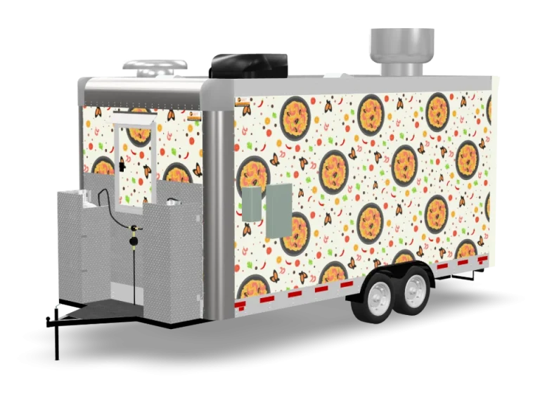 Paella Food Trailer with custom wrap, rear view, Golden State Trailers