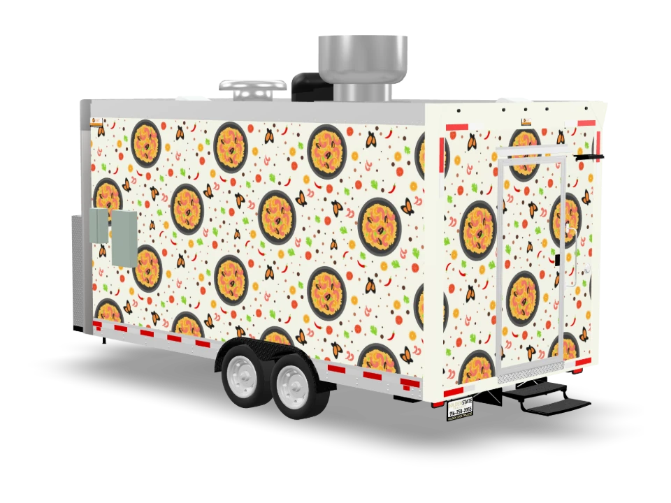 Paella Food Trailer with custom wrap, front view, Golden State Trailers