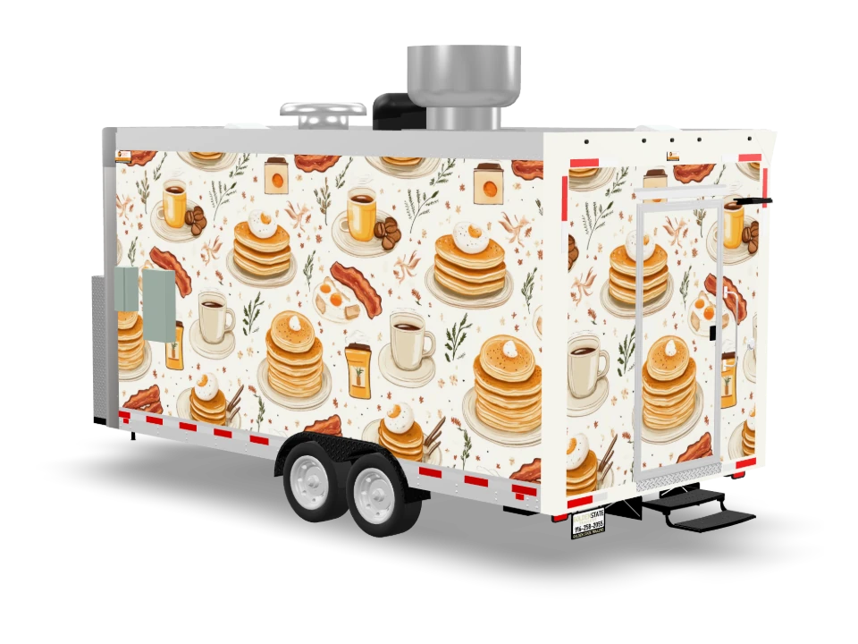 Pancake Food Trailer with custom wrap, front view, Golden State Trailers